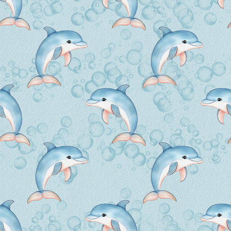 A seamless watercolor glitter pattern featuring playful dolphins swimming against a light blue background with bubbles. The dolphins are illustrated in a cartoon style.の写真素材