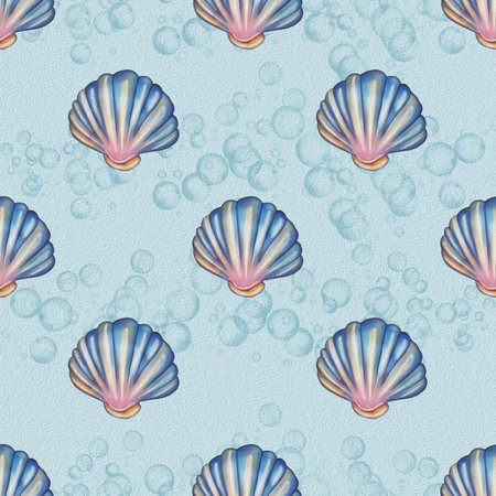 A seamless watercolor glitter pattern featuring colorful seashells on a light blue background with bubbles. The seashells are intricately designed with shades of blue, pink, and cream.の写真素材