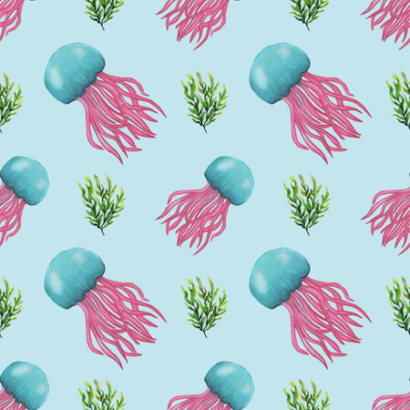 A seamless watercolor glitter pattern featuring colorful jellyfish with pink tentacles and turquoise domes, interspersed with green seaweed on a light blue background.の写真素材