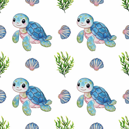 A whimsical watercolor glitter pattern featuring cute cartoon turtles, seashells, and seaweed. The turtles are blue and pink, surrounded by colorful shells and green sea plants.の写真素材