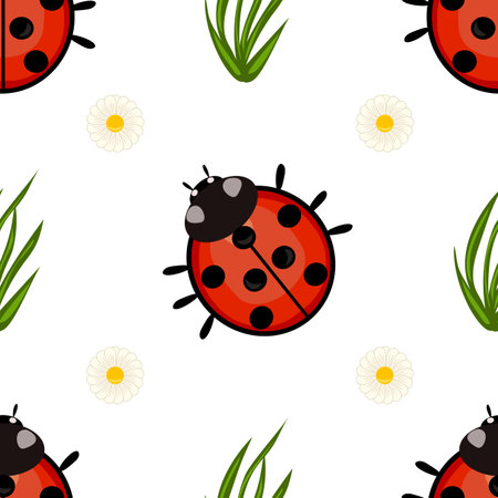 A seamless vector pattern featuring cartoon ladybugs, green grass, and white daisies on a white background. The ladybugs are bright red with black spots and a black head.のイラスト素材