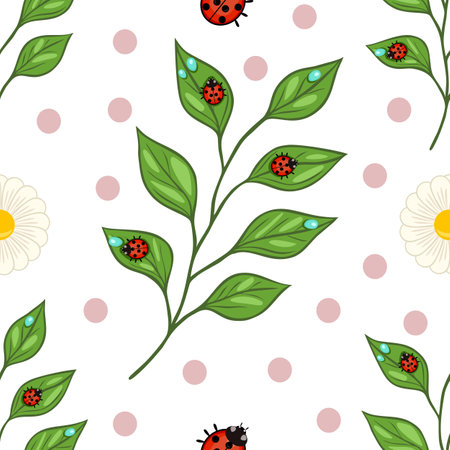 A seamless vector pattern featuring green leaves, red ladybugs, and white daisies on a light background with pink polka dots.のイラスト素材