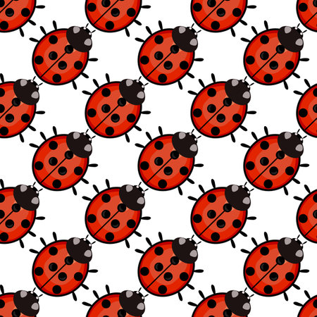 A seamless vector pattern featuring colorful ladybugs on a white background. Each ladybug is bright red with black spots and a black head, creating a cheerful and playful design.のイラスト素材
