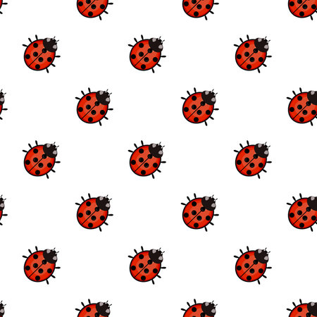 A seamless vector pattern featuring cute ladybugs on a white background. Each ladybug is red with black spots and a black head, creating a playful and cheerful design.のイラスト素材