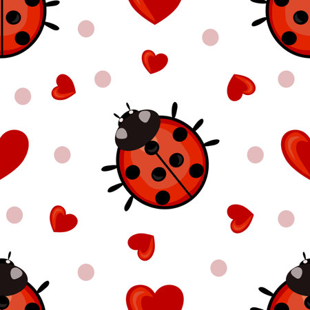 A seamless vector pattern featuring cute ladybugs and hearts on a white background. The ladybugs are red with black spots, and the hearts, interspersed with light pink dots.のイラスト素材