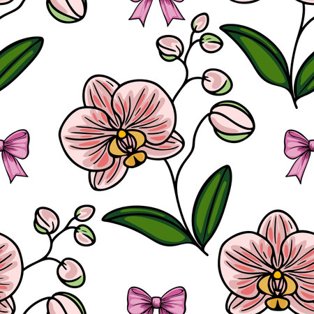 A seamless vector pattern featuring pink orchids and delicate buds, interspersed with small pink bows. The design has a light background, emphasizing the floral elements and bows.のイラスト素材