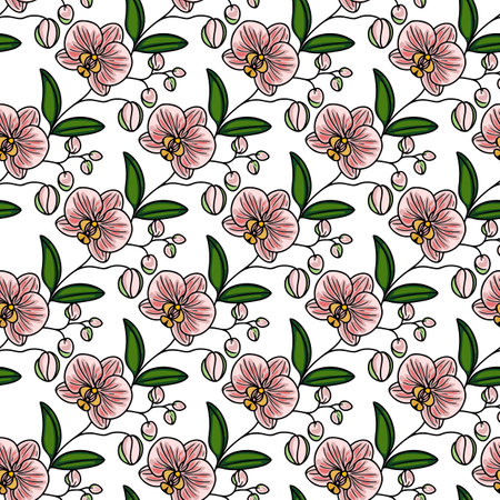 A seamless vector floral pattern featuring pink orchids and green leaves on a white background. The design includes delicate buds and blossoms, creating a vibrant and fresh look.のイラスト素材