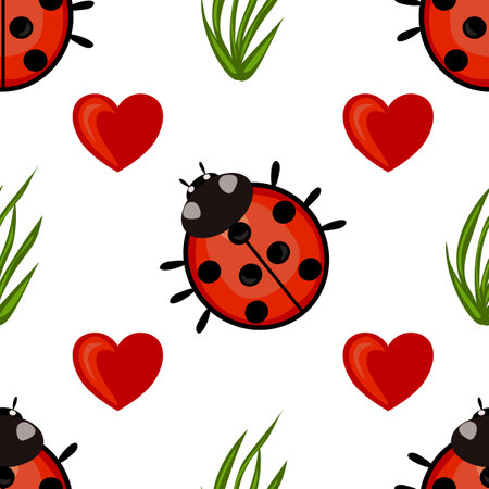 A whimsical vector pattern featuring cartoon ladybugs and red hearts on a white background, complemented by green grass elements.のイラスト素材