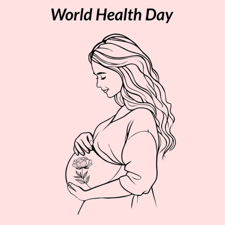 Pregnant woman line art with flower symbol for World Health Day, vector line art illustration on pastel pink backgroundのイラスト素材