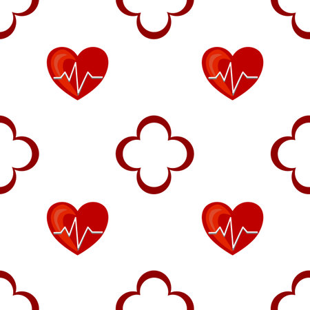 A vector seamless pattern featuring red hearts with a heartbeat line on a white background, interspersed with decorative red cross shapes.のイラスト素材