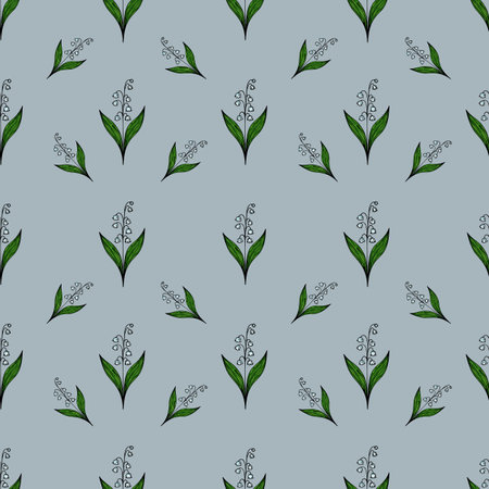 A vector seamless pattern featuring delicate flowers with green leaves on a light blue background. The flowers have small white petals and are arranged in a repetitive design.のイラスト素材