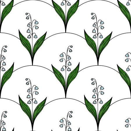 A vector seamless pattern featuring stylized lily of the valley flowers with green leaves on a white background. The design is repetitive and elegant, suitable for textiles or wallpapers.のイラスト素材