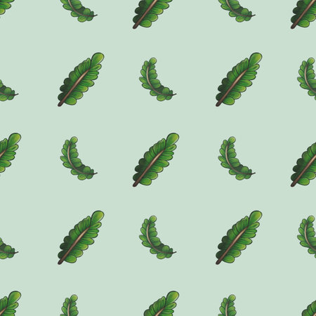 A seamless pattern featuring stylized green leaves on a light mint background. The leaves are arranged in a uniform grid, showcasing their vibrant colors and intricate details.の写真素材