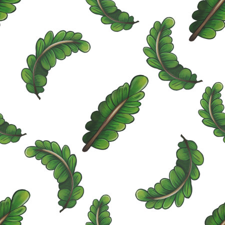 Seamless pattern of fern green leaves with a stylized design on a white background.の写真素材