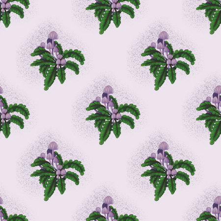 A seamless pattern featuring stylized green leaves with purple mushrooms. The design has a light background, creating a vibrant and whimsical look.の写真素材