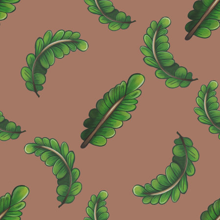 A seamless pattern featuring stylized green leaves on a brown background. The leaves vary in shape and orientation, creating a vibrant and natural design.の写真素材