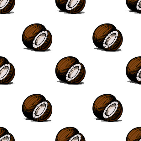 A vector seamless pattern featuring hand-drawn coconut halves with brown shells and white flesh, set against a plain white background.のイラスト素材