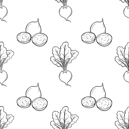 A vector seamless pattern featuring hand-drawn illustrations of radishes and beets on a white background. The design showcases the vegetables in various orientations, creating a organic feel.のイラスト素材