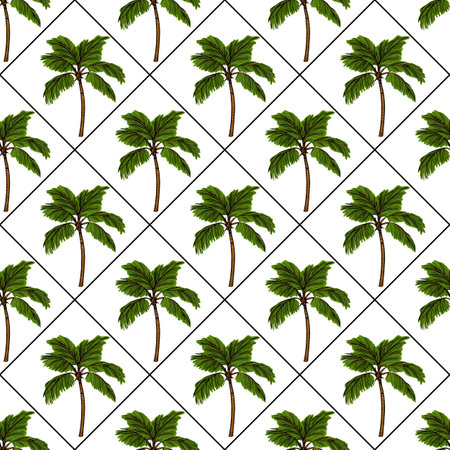 A vector seamless pattern featuring palm trees arranged in a diamond grid on a white background. Each palm tree is illustrated with lush green fronds and a brown trunk.のイラスト素材