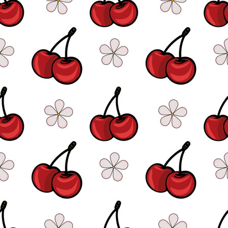 A seamless vector pattern featuring red cherries and simple flower outlines on a white background....