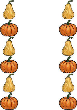 A vector vertical arrangement of illustrated pumpkins and gourds, featuring alternating yellow gourds and orange pumpkins on a white background.のイラスト素材