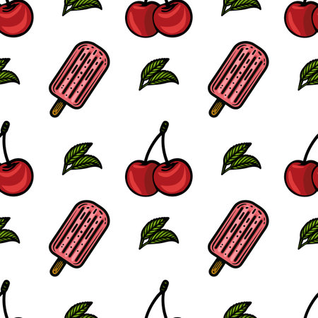 A seamless vector pattern featuring popsicles, cherries, and green leaves on a white background. The...