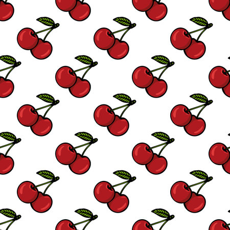A seamless vector pattern featuring bright red cherries with green leaves on a white background. The...