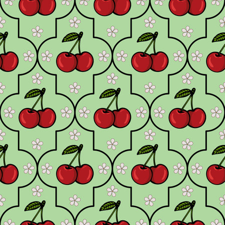 A repeating vector pattern featuring red cherries with green leaves on a light green background,...