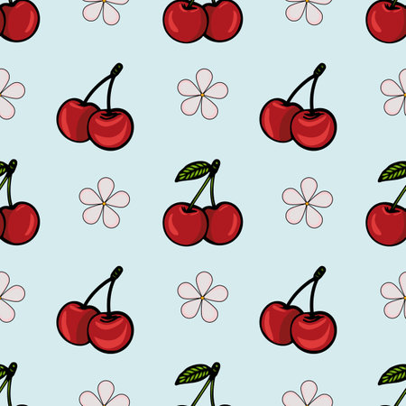 A repeating vector pattern featuring red cherries and simple flower shapes on a light blue...