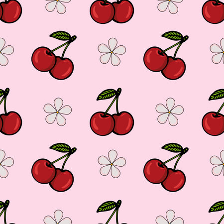 A seamless vector pattern featuring red cherries with green leaves on a light pink background,...