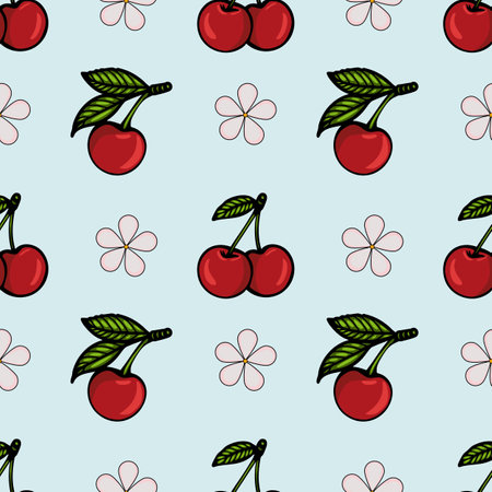 A seamless vector pattern featuring cherries and flowers on a light blue background. The cherries...
