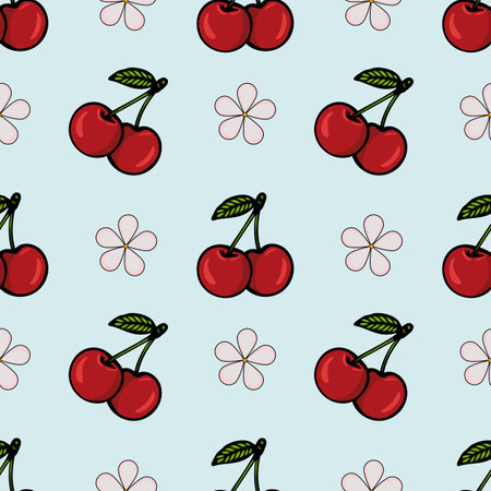A seamless vector pattern featuring red cherries with green leaves and light pink flowers on a soft...