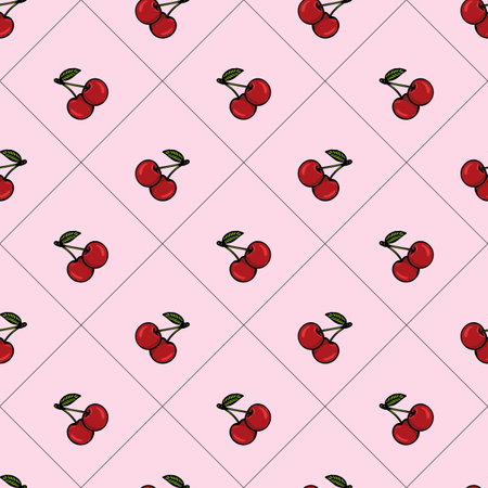 A repeating vector pattern of cherries on a pink background, featuring bright red cherries with...