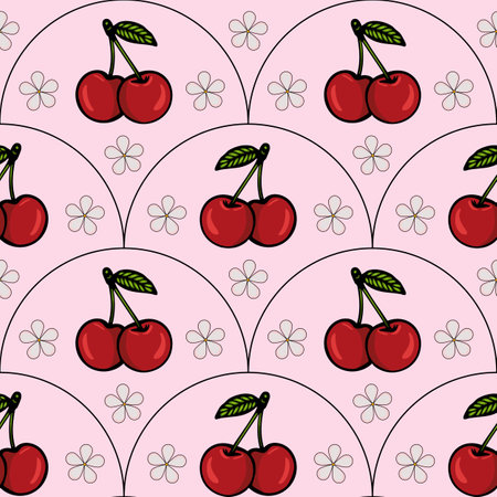 A repeating vector pattern featuring red cherries with green leaves on a soft pink background, interspersed with small white flowers.のイラスト素材
