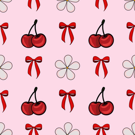 A playful vector pattern featuring red cherries, red bows, and light-colored flowers on a pink background. The design is whimsical and cheerful, suitable for fabric or wallpaper.のイラスト素材