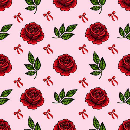 A seamless vector pattern featuring red roses, green leaves, and small red bows on a light pink background. The design is vibrant and floral, suitable for textiles or wallpapers.のイラスト素材