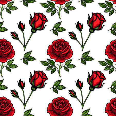 A seamless vector pattern featuring vibrant red roses and green leaves on a white background. The design showcases various stages of rose blooms and buds, creating a lively floral motif.のイラスト素材