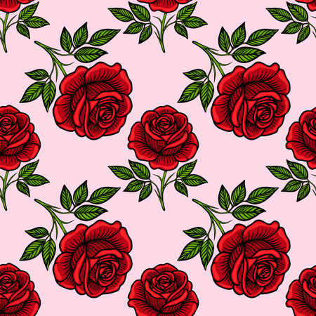 A seamless vector pattern featuring vibrant red roses with detailed petals and green leaves on a soft pink background. Ideal for textile design, wallpapers, or decorative purposes.のイラスト素材