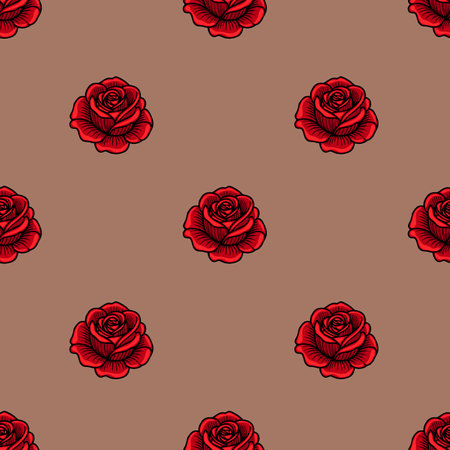 A seamless vector pattern featuring red roses on a beige background. The roses are intricately detailed, showcasing their petals and leaves, creating a vibrant floral design.のイラスト素材