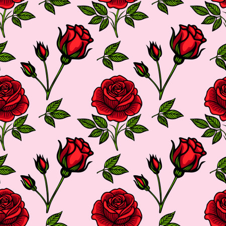 A seamless vector pattern featuring red roses and rosebuds with green leaves on a soft pink background. The design is vibrant and floral, ideal for textiles or wallpapers.のイラスト素材