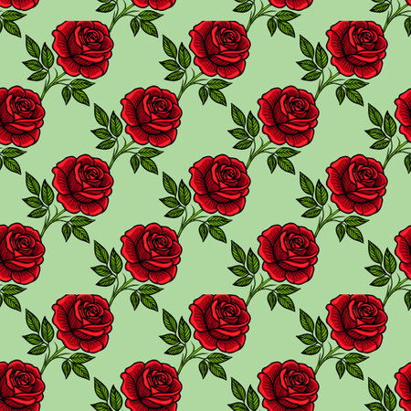 A seamless vector pattern featuring vibrant red roses with green leaves on a light green background. The design is floral and decorative, suitable for textilesのイラスト素材