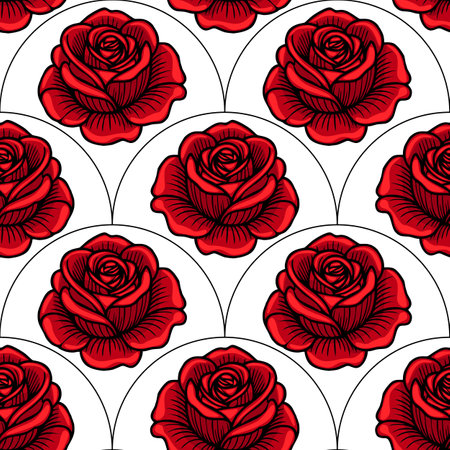 A seamless vector pattern featuring vibrant red roses on a white background, with intricate detailing and a classic design.のイラスト素材