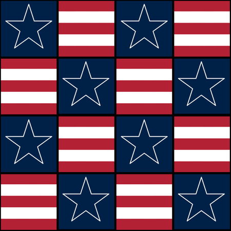 A repeating vector pattern of stars and stripes, featuring red and white stripes with blue backgrounds and outlined stars. Ideal for patriotic themes, textiles, or decorations.のイラスト素材
