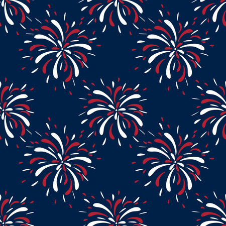A seamless vector pattern featuring stylized fireworks in red, white, and blue against a dark navy background. The design is festive and vibrant, ideal for celebrations.のイラスト素材