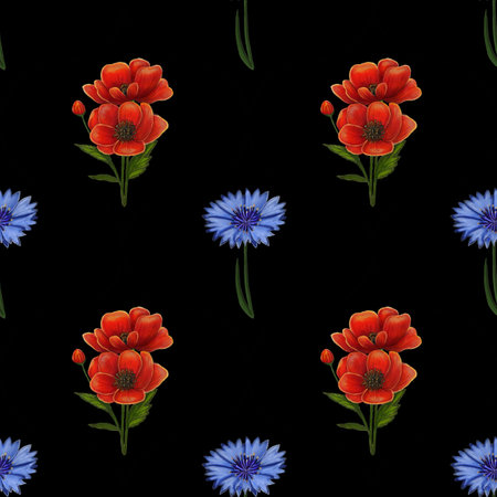 A seamless pattern featuring vibrant red flowers and blue cornflowers on a black background. The design is bold and colorful, suitable for fabric or wallpaper.の写真素材