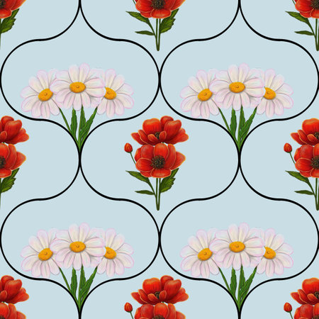 A seamless floral pattern featuring white daisies with yellow centers and vibrant red poppies on a light blue background, outlined with black decorative shapes.の写真素材