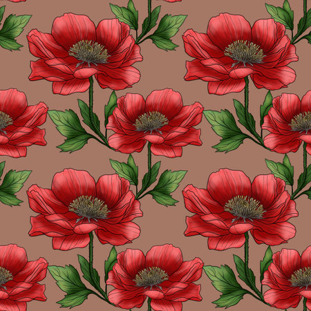 A seamless pattern featuring vibrant red flowers with green leaves on a brown background. The flowers are detailed and realistic, showcasing their petals and center.の写真素材