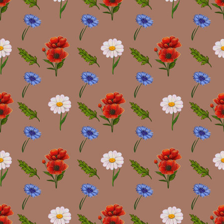 A seamless floral pattern featuring red flowers, white daisies, and blue cornflowers on a brown background. The design is vibrant and cheerful, suitable for textiles or wallpaper.の写真素材