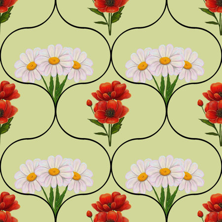 A seamless floral pattern featuring white daisies with yellow centers and red poppies, set against a light green background. The design is outlined with black curves, creating a harmonious look.の写真素材