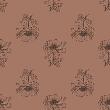 A seamless pattern featuring hand-drawn flowers with leaves on a warm brown background. The floral design is elegant and minimalist, suitable for various decorative uses.の写真素材